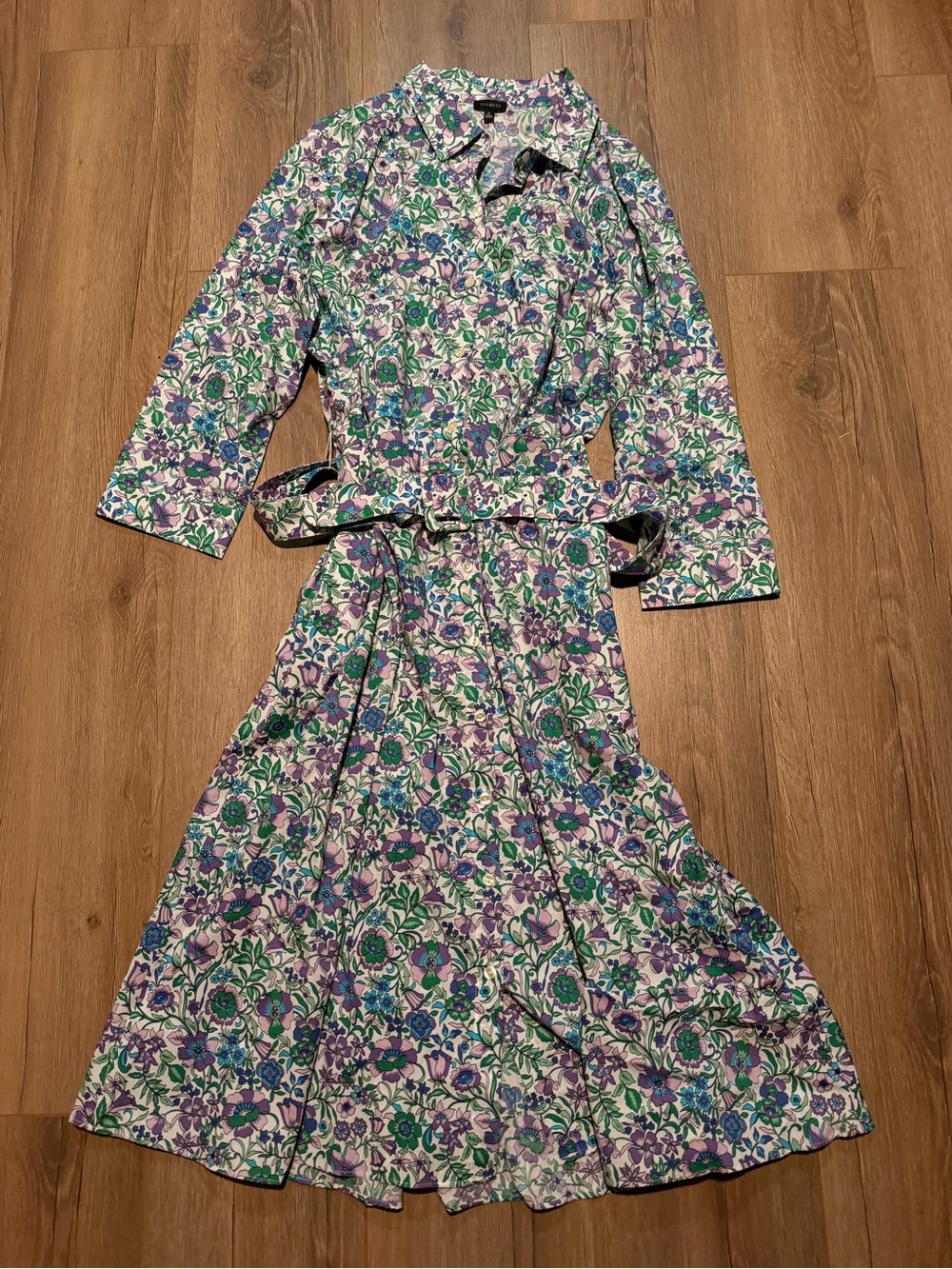 Talbots Fit & Flare Poplin Shirtdress Floral Purple Blue Women’s Belt 16 Dress - Picture 4 of 11